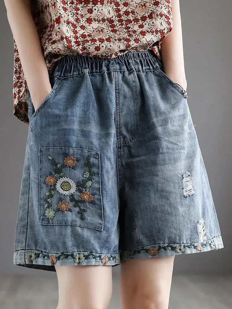 Top Trends: Summer Vintage High Waist Embroidery Denim Shorts S-3xl Hole Loose Women Pants Fashion Elastic Waist Streetwear Wide Leg Pants Shoppable Styles