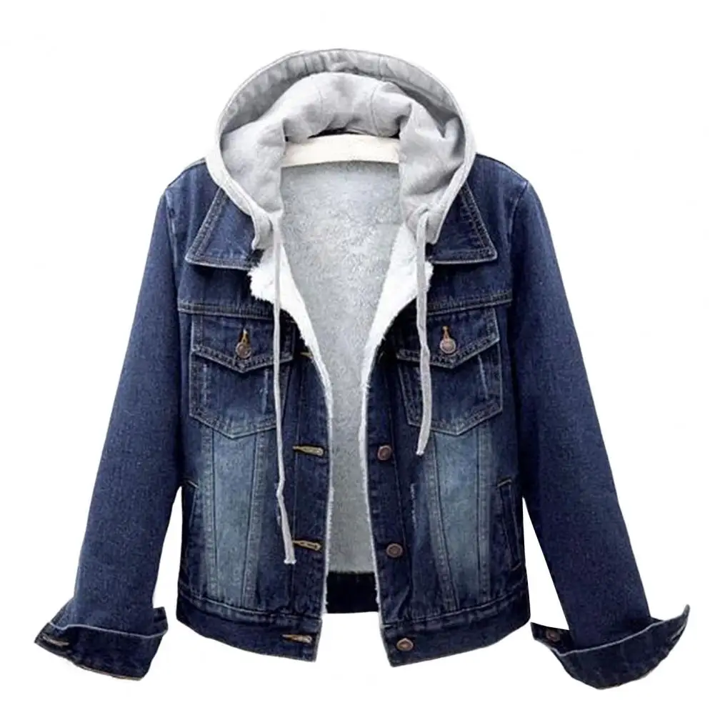 Top Trends: Women Winter Jacket Hooded Solid Long Sleeves Detachable Hat Thick Keep Warm Single-breasted Plus Size Plush Denim Winter Coat Shoppable Styles - Image 6