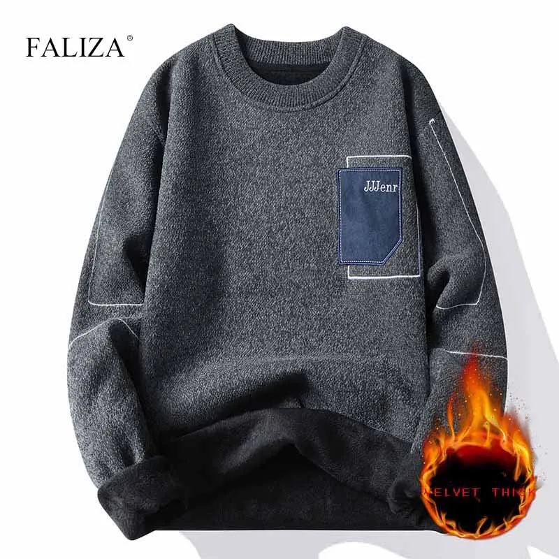 Top Trends: FALIZA Winter Thick Warm Mens Pullovers Sweaters Crew Neck Appliques Knit High Quality Comfortable Padded Knit Sweater Jumper Shoppable Styles