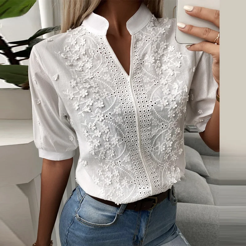 Top Trends: Hollow-out Embroidery Solid Cotton Shirt Casual Half Puff Sleeved Tops Women Floral Patterns Chic Decoration V Neck Lace Blouse Shoppable Styles