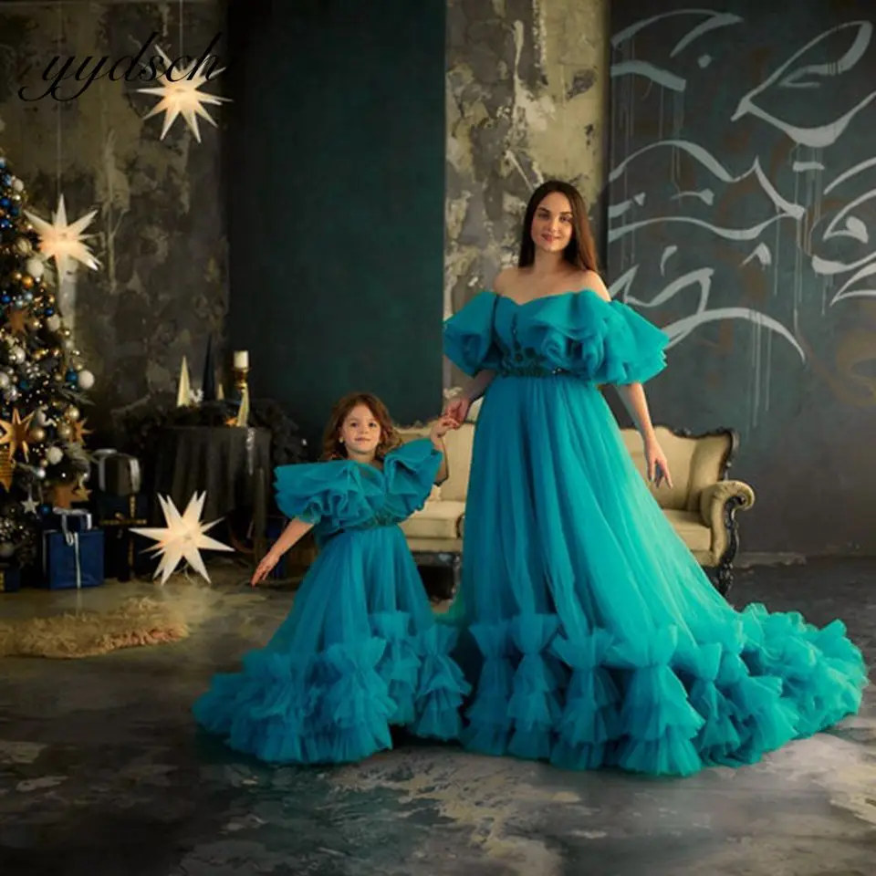 Top Trends: New Design Gorgeous Mother And Daughter Matching Tulle Fluffy Dresses Ruffle With Train Off The Shoulder Evening Party Prom Gown Shoppable Styles