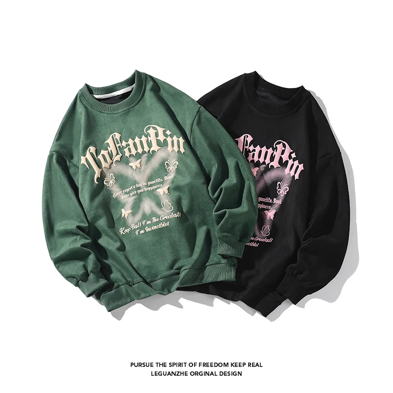 Top Trends: Vintage Sweatshirt Couple Letter Foaming Printing Hoodies Butterfly Motif Y2k Women Pullovers Streetwear O-neck Men Sweatshirts Shoppable Styles