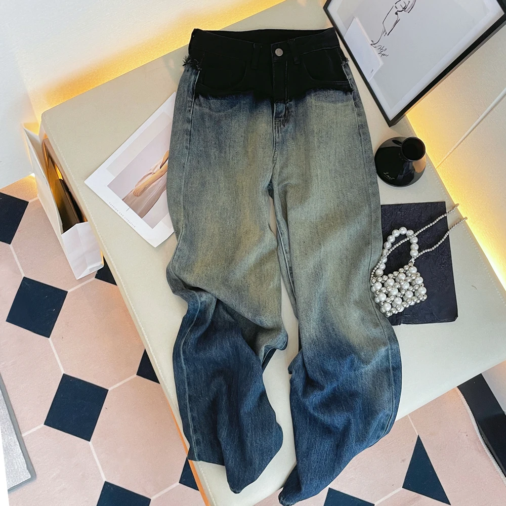 Top Trends: Women's Black Blue Contrast Stitching Design Wide Leg Jeans Vintage Style Casual Pants Female High Waist Straight Denim Trousers Shoppable Styles