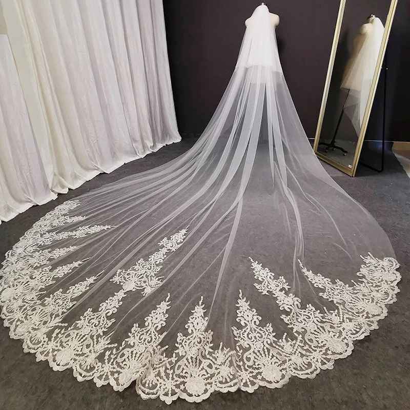 Top Trends: Real Photos Two Layers Long Lace Wedding Veils 4 Meters White Ivory Bridal Veil With Comb High-grad Bride Wedding Accessories Shoppable Styles