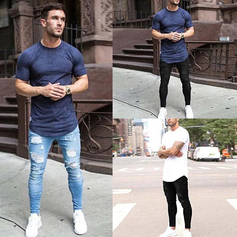 Top Trends: Pants Men Jeans Skinny Hip Hop Sky Blue Jeans Mens Stretchy Ripped Slim Fit Denim Destroyed Hole High Quality Jean Streetwear Shoppable Styles