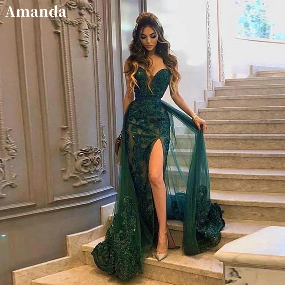 Top Trends: Amanda Handmade Lace Embroidery Prom Dress Sexy Side Split فستان سهرة Emerald Green Vestido De Novia With Lace Tail Prom Gown Shoppable Styles