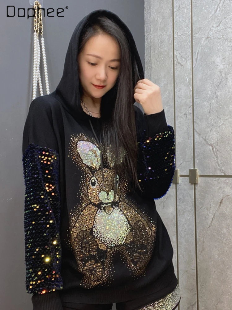 Top Trends: Cartoon Rabbit Rhinestone Sequins Hoodie Coat 2023 Spring Autumn Women&#039;s Clothing Hot Drilling Long Sleeve Sweater For Women Shoppable Styles