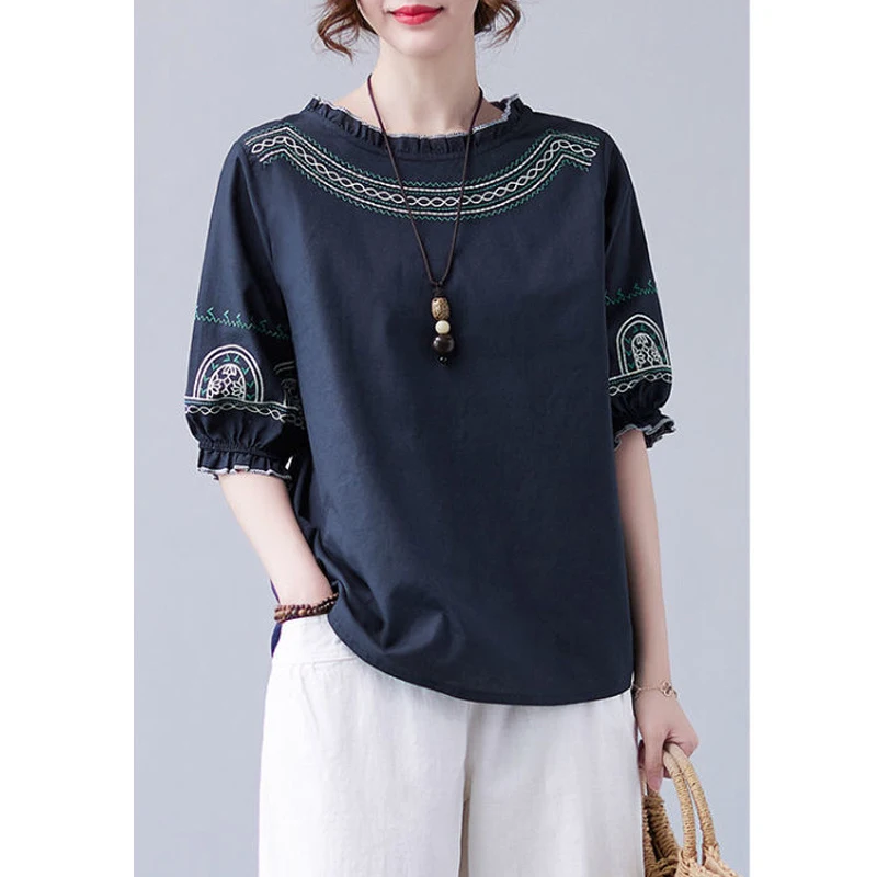 Top Trends: Retro Ethnic Style Embroidery Ruffle Chic Cotton Linen Ladies Tops Blouses Summer Round Neck Loose Half Sleeve Shirts For Women Shoppable Styles - Image 3