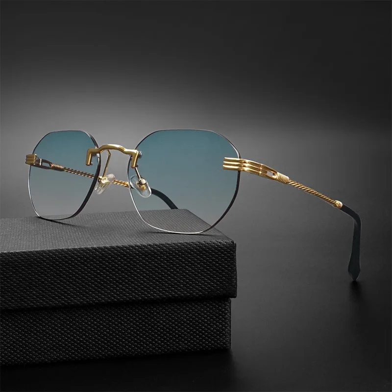 Top Trends: HBK Blue MIRROR Frameless Gold Metal Ladies Sunglasses Men Rimless Brown Sun Glasses For Women Fashion Shades Cutting Eyeglass Shoppable Styles - Image 2