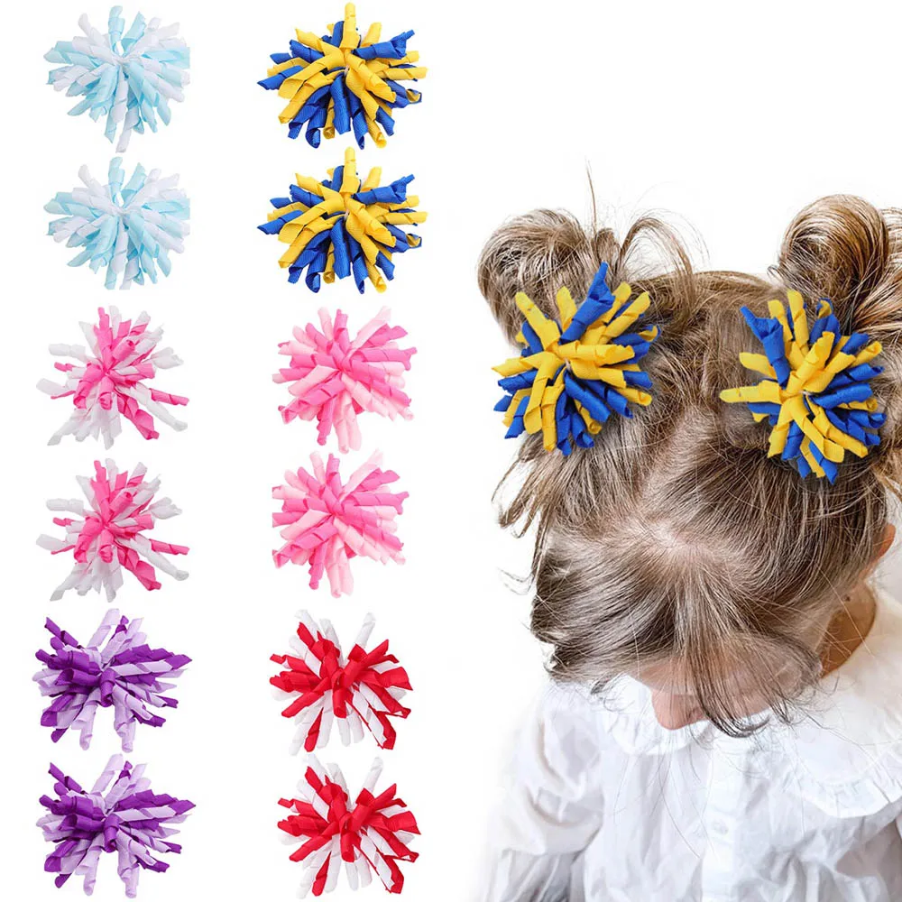 Top Trends: Oaoleer 2PCS / Set Curly Ribbon Hair Bows Clips Korker Bows Hair Clips For Girl Flower Bobbles Hairgrip Kid Hair Accessories Shoppable Styles