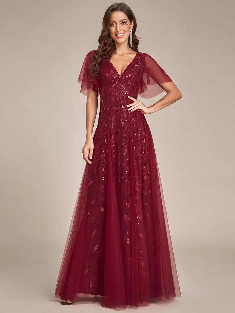 Top Trends: Elegant Evening Dress Romantic Shimmery Deep V-Neck Ruffle Sleeves Ever Pretty Of 2024 Burgundy Gauze Sequin Maxi Long Gowns Shoppable Styles