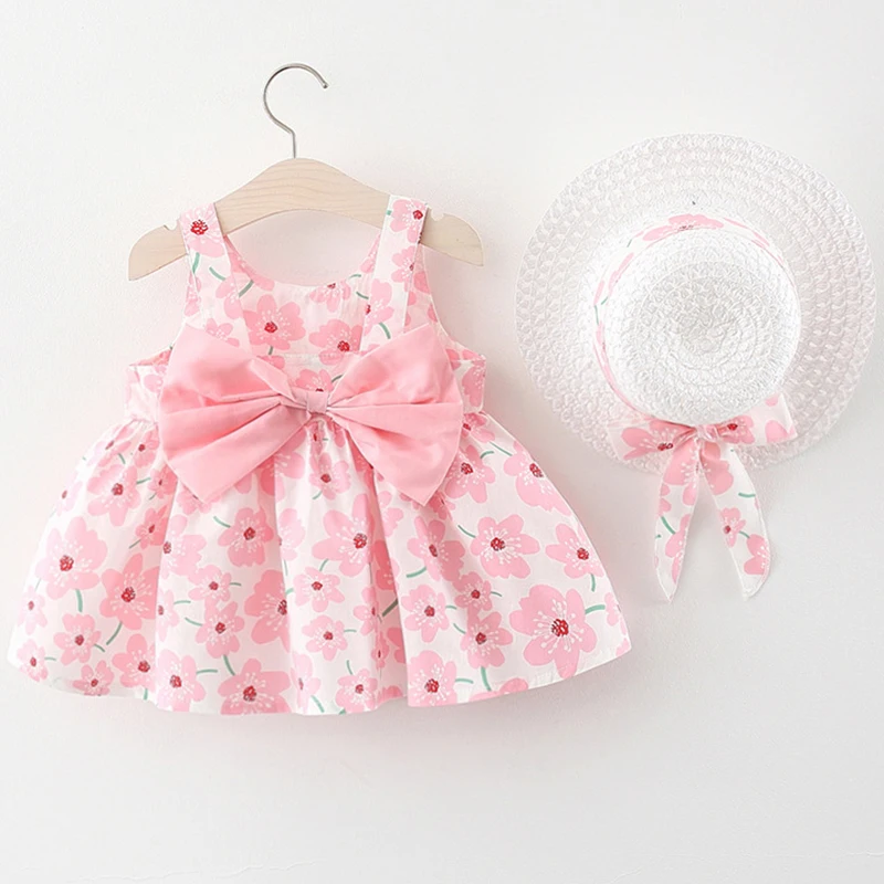 Top Trends: 2024 Summer Baby Clothes Toddler Girl Dresses Korean Cute Bow Sleeveless Flowers Princess Dress+ Sunhat Kids Clothing Set BC003 Shoppable Styles