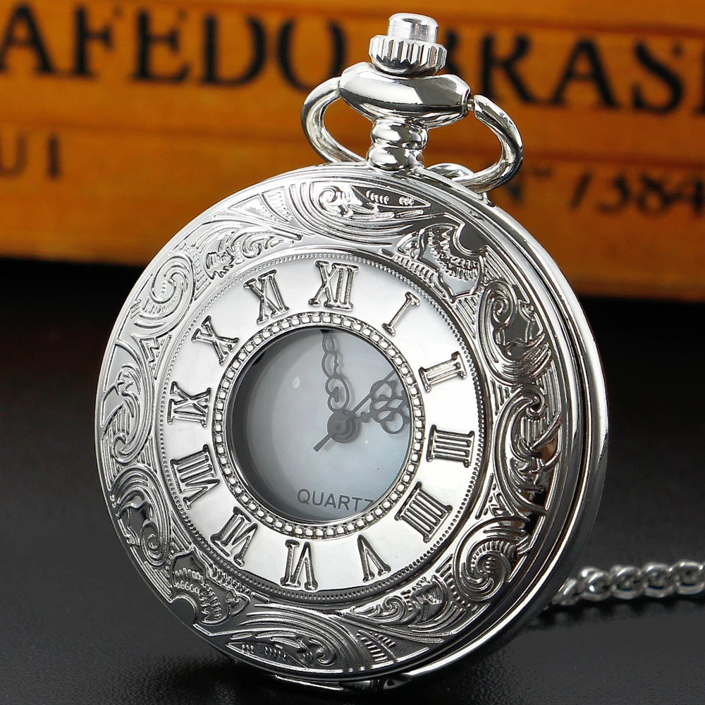 Top Trends: All Hunter Silver Roman Scale Quartz Pocket Watch Retro Punk White Dial Pocket FOB Watch Necklace With Chain Gifts Shoppable Styles