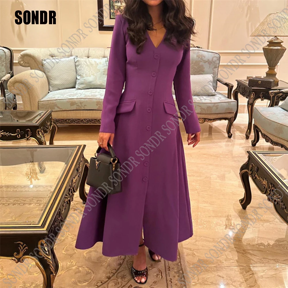 Top Trends: SONDR Simple Green Button A Line Night Prom Dresses Long Sleeves Evening Gown Plus Size Women Party Dress Vestidos Gowns Shoppable Styles