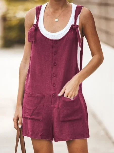 Top Trends: 2024 Summer Women Jumpsuit Sleeveless New Solid Color Round Neck Button Loose Short Casual Pocket Stitching Rompers Playsuits Shoppable Styles - Image 6