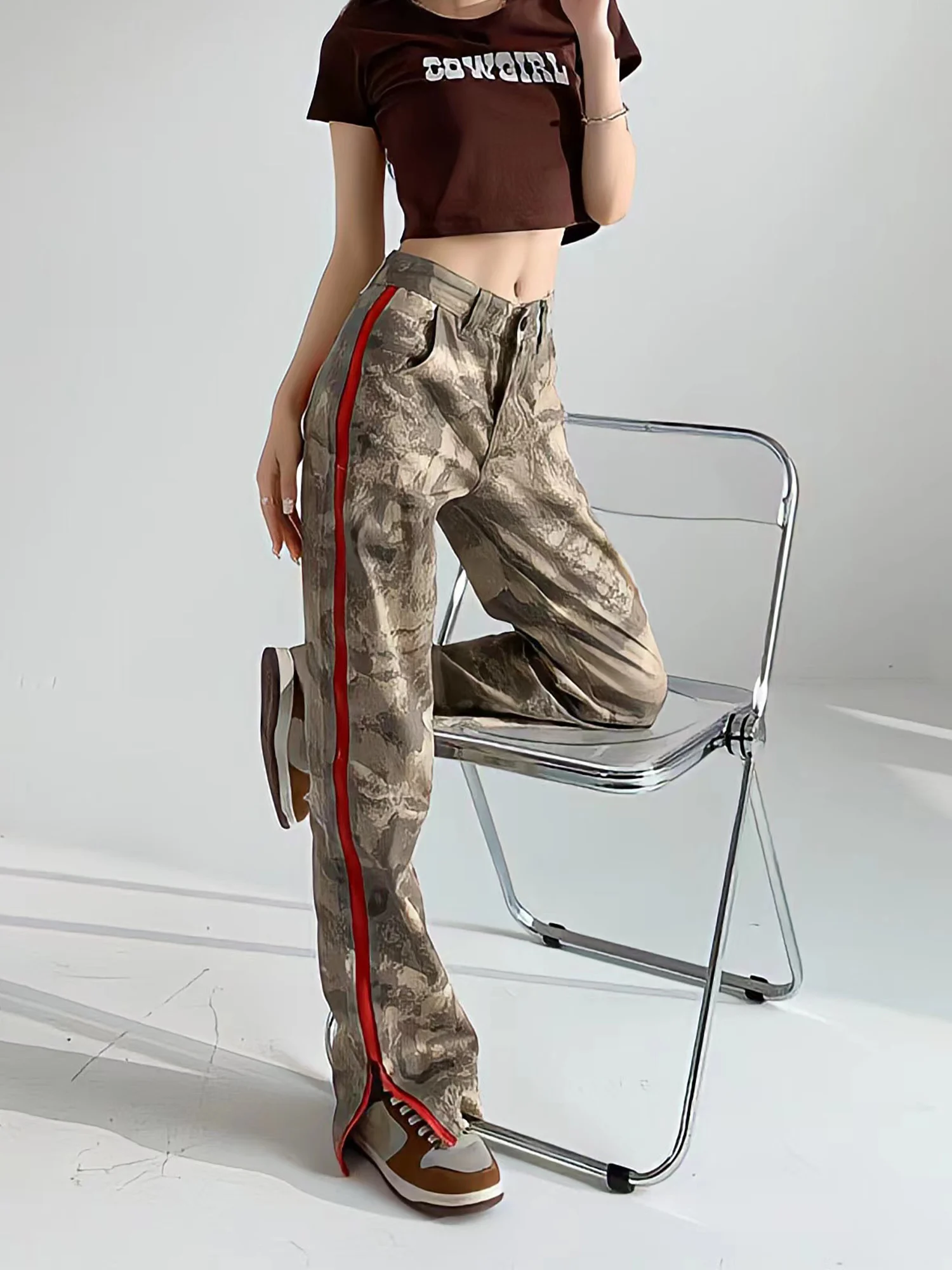 Top Trends: Women Streetwear Camouflage Cargo Pants Fashion Baggy Hip Hop Pant Chic Zipper Stripe Wide Leg Trousers Y2k Trend Cargo Jeans Shoppable Styles - Image 5