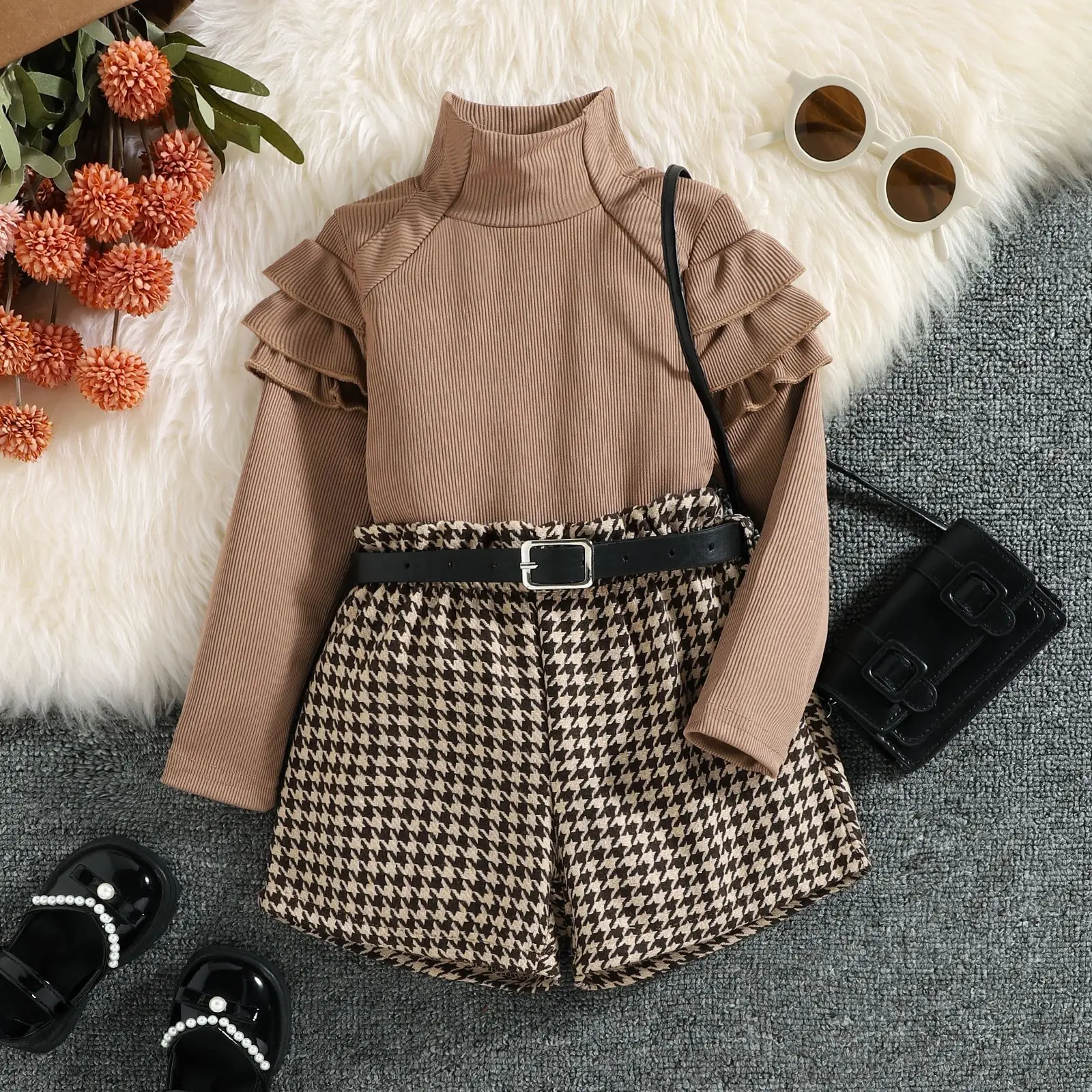 Top Trends: Kids Girls Autumn Clothes Set Baby Ruffle Long Sleeve High Neck Ribbed Tops + Houndstooth Short Pant + Belt Children Outfit 1-6Y Shoppable Styles