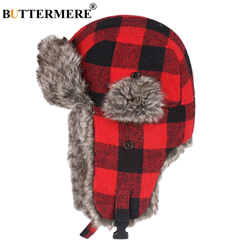 Top Trends: BUTTERMERE Winter Hats For Mens Bomber Hat Fur Red Warm Earflap Cap Windproof Women Thicker Plaid Russian Ushanka Hat Black Blue Shoppable Styles