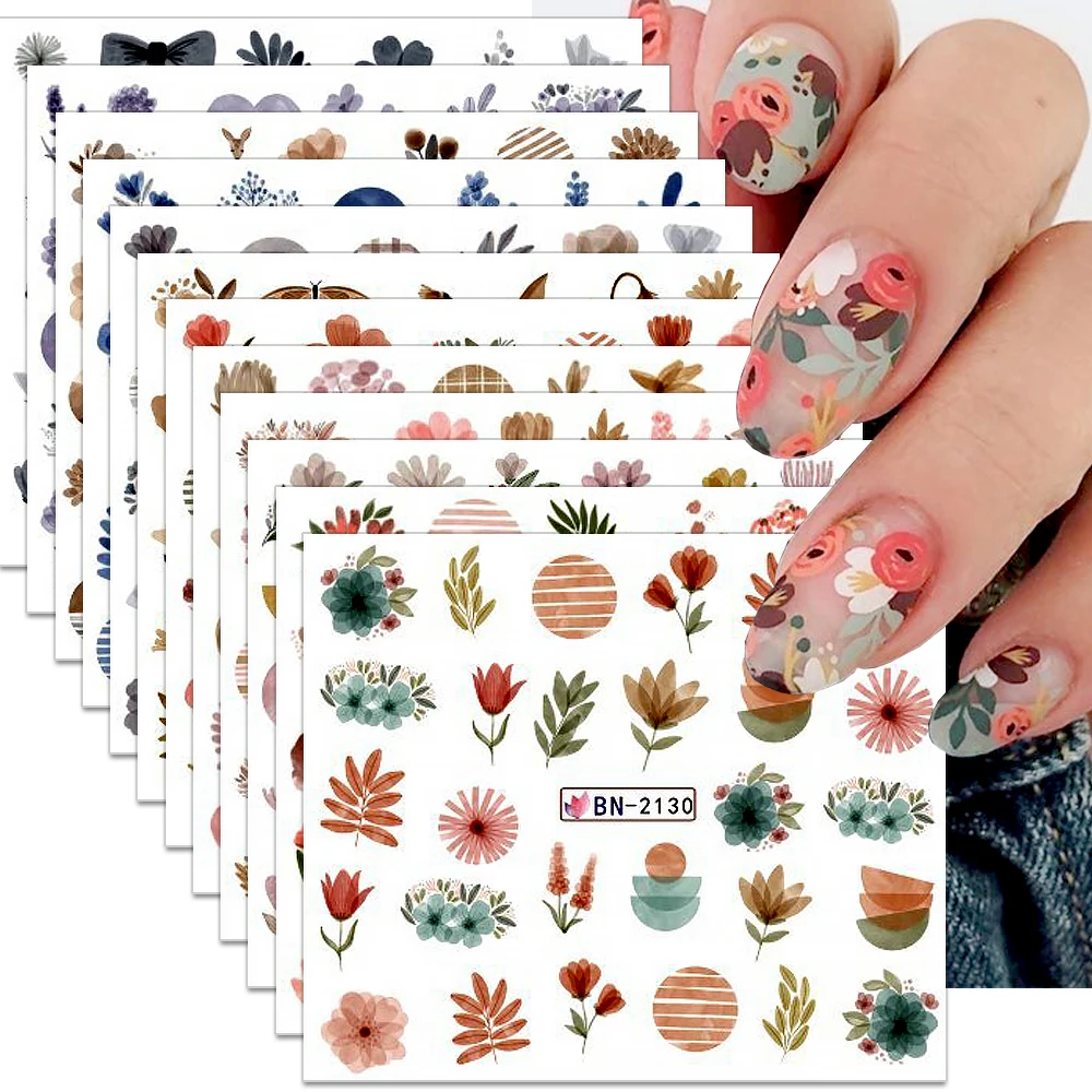 Top Trends: 12 Pieces Geometry Lines Flower Leaf Nail Stickers Graffiti Leaves Abstract Face Pattern Nail Decals Slider Manicure Decorative Shoppable Styles - Image 2