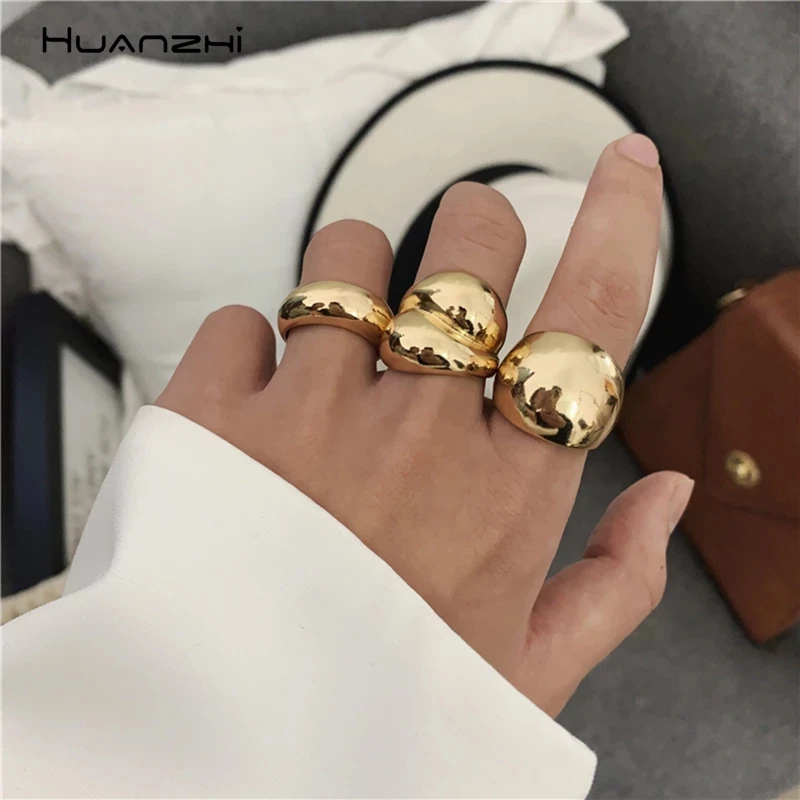 Top Trends: HUANZHI 2020 Gold Color Silver Color Metal Minimalist Glossy Wide Open Rings Geometric Finger Rings For Women Men Jewelry Shoppable Styles