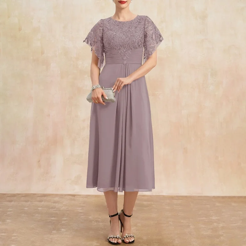 Top Trends: Dusk Elegant Mother Of The Bride Dresses Appliques O-Neck Tea-Length A-Line Wedding Guest Party For Women 2023 Evening Gala New Shoppable Styles