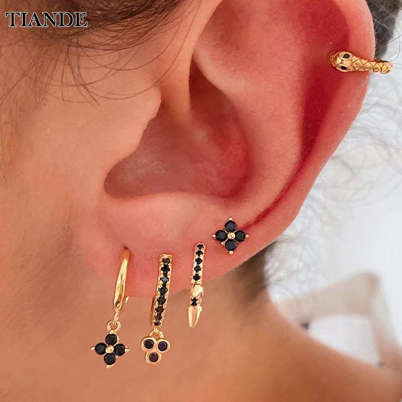 Top Trends: TIANDE Black Zircon Hoop Drop Earrings For Women Gold Plated Piercing Women&#039;s Dangle Earrings Set 2022 Fashion Jewelry Wholesale Shoppable Styles