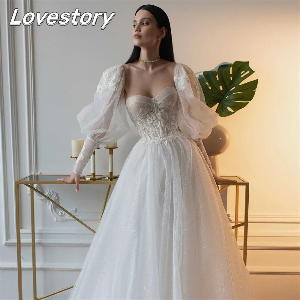 Top Trends: Sexy Sweetheart Neck A-Line Wedding Dresses Long Puff Sleeves Bride Robe Sexy Backless Bridal Gown Appliques Vestidos De Noiva Shoppable Styles