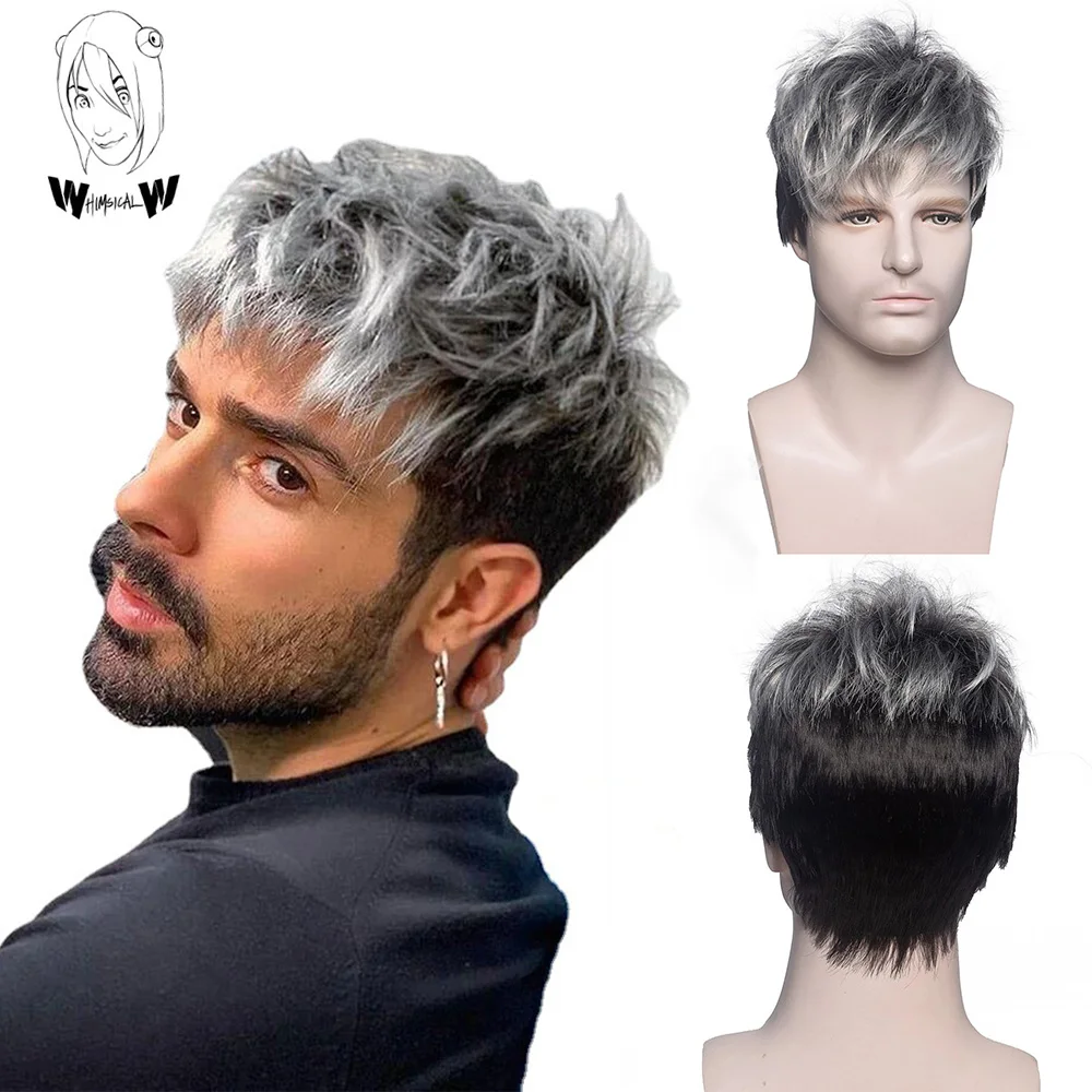 Top Trends: WHIMSICAL W Synthetic Short Straight Wig Ombre Grey Wigs For Men Natural Hair With Bangs Daily Cosplay Wig Shoppable Styles