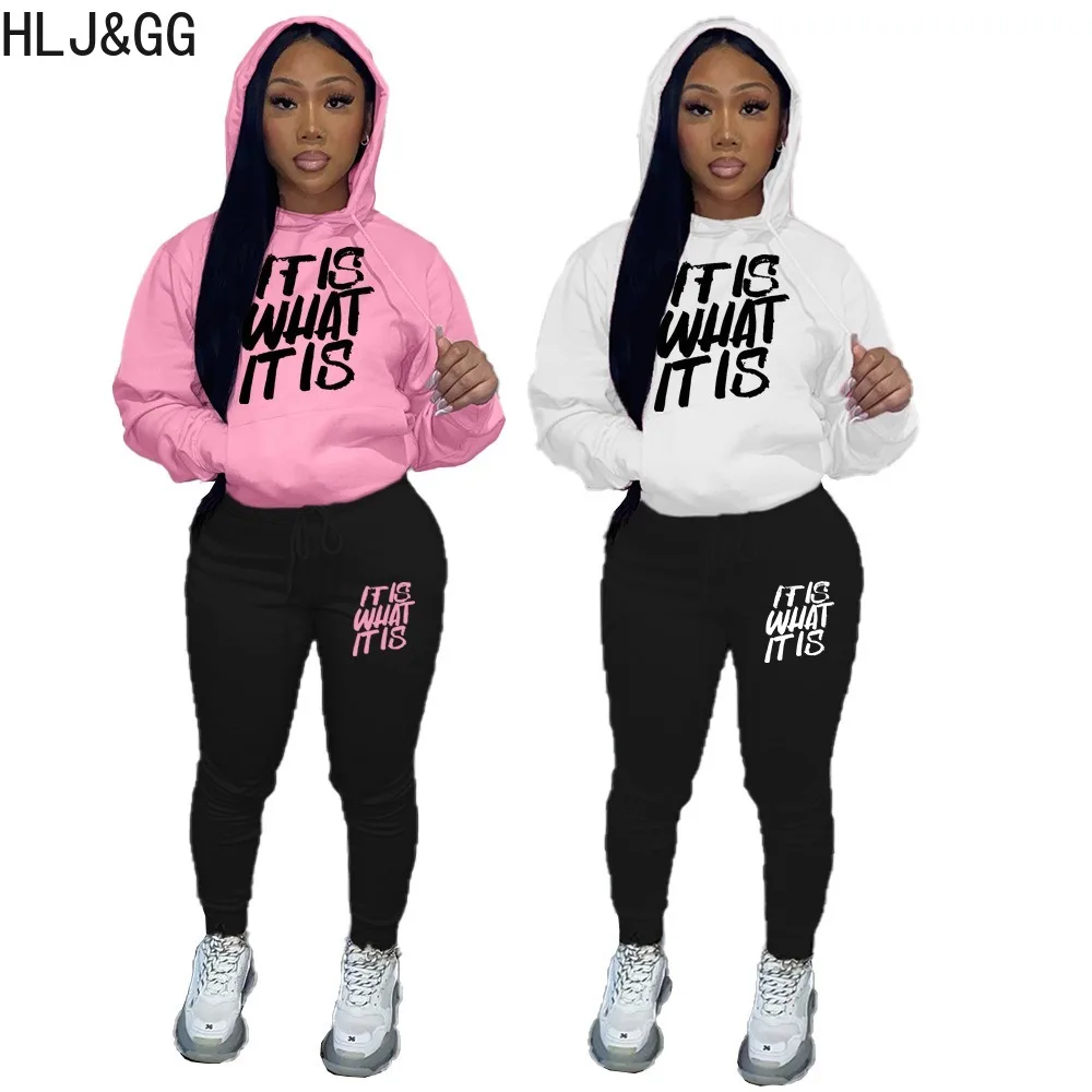 Top Trends: HLJ&amp;GG Autumn Winter Letter Printing Hooded Tracksuits Women Long Sleeve Pocket Sweatshirts + Jogger Pants Two Piece Set Outfits Shoppable Styles