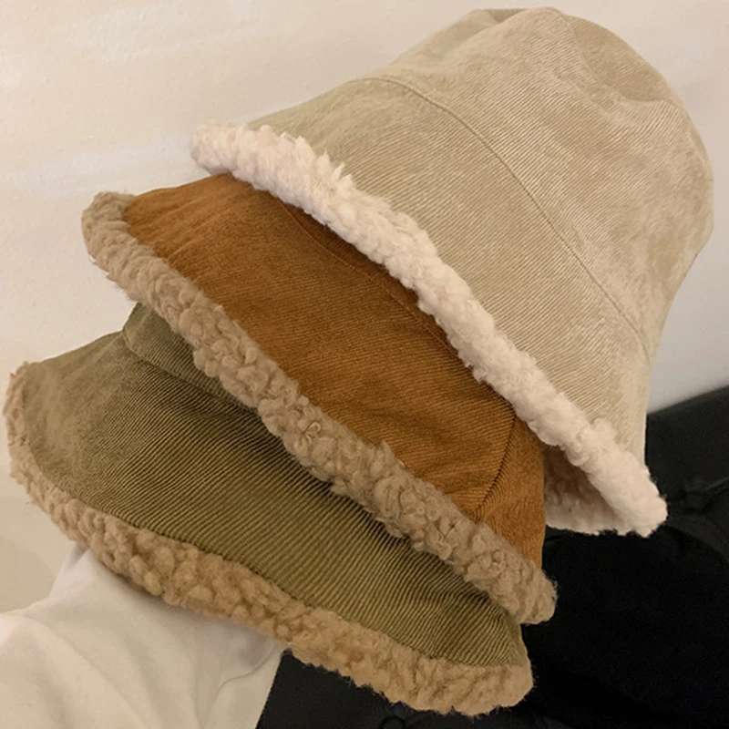 Top Trends: Winter Bucket Hats Women Warming Panama Hat Lady Fluffy Corduroy Double-Side Wear Outdoor Fisherman Cap Hat For Women Girl&#039;s Shoppable Styles