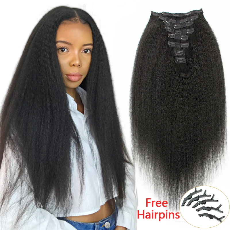 Top Trends: Kinky Straight Clip In Hair Extension Human Hair Yaki Straight Remy Hair Extensions Full Head 8-24 Inch Clip On Hair 1B Color Shoppable Styles