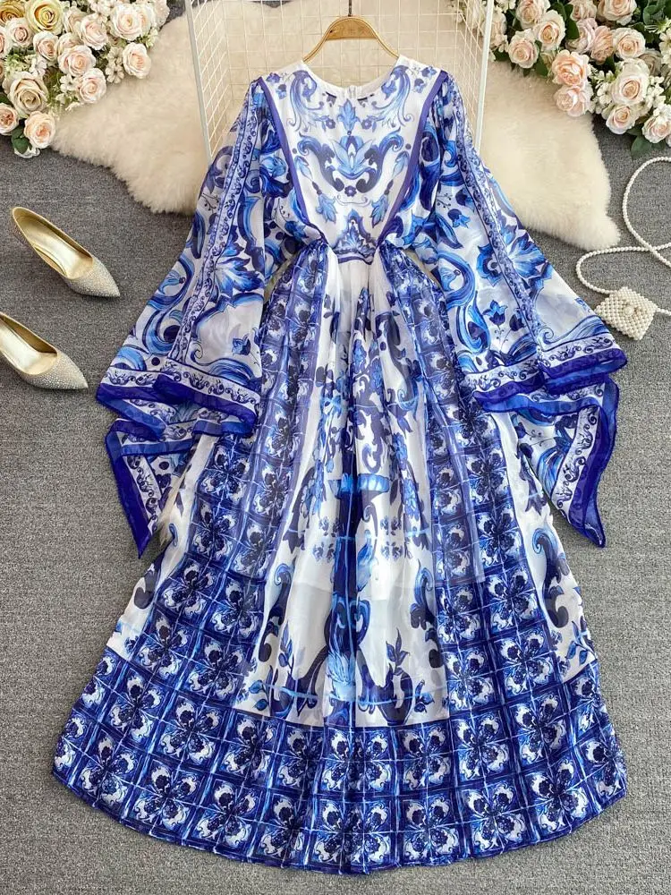 Top Trends: Maxi Dress Women Batwing Sleeve Blue And White Porcelain Printing Bohemian Vacation Fashion Designer Summer Dresses Faldas 2022 Shoppable Styles