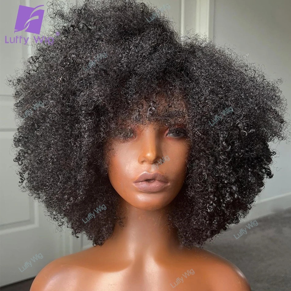 Top Trends: Brazilian Remy Human Hair Afro Wig With Bangs Glueless Scalp Top Wig Short Afro Coily Curly Bob Bang Wigs For Black Women Luffy Shoppable Styles