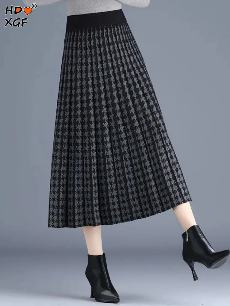 Top Trends: Casual Houndstooth Print Plus Size 80kg Knitted Long Skirts For Women Elastic High Waist A-line Midi Skirt Elegant Pleated Skirt Shoppable Styles