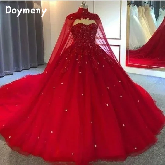 Top Trends: Doymeny Cape Sweetheart Quinceanera Dress Appliques Beads Crystals Tulle Sweep Train For 15 Years Princess Birthday Party Gown Shoppable Styles