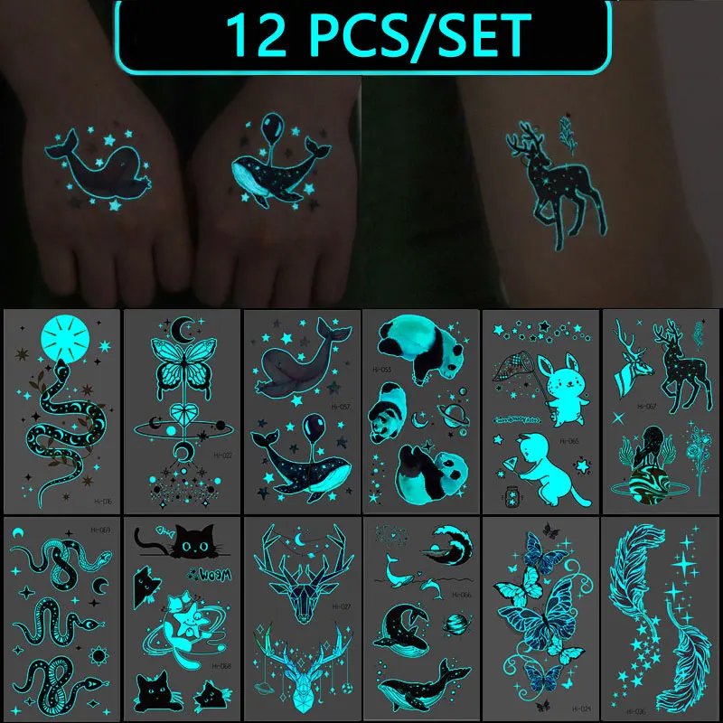 Top Trends: 12 / 5pcs / set Cute Luminous Tattoo Sticker Temporary Waterproof Arm Body Art Large Fake Tattoos Women Festival Makeup Products Shoppable Styles