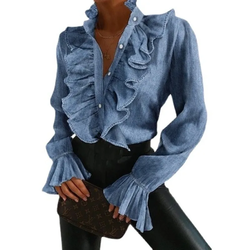 Top Trends: New Ruffled Long Sleeves Button Shirts Blouse Women Sexy V-neck Spring Autumn Shirt Office Lady Clothing Streetwear Summer Tops Shoppable Styles