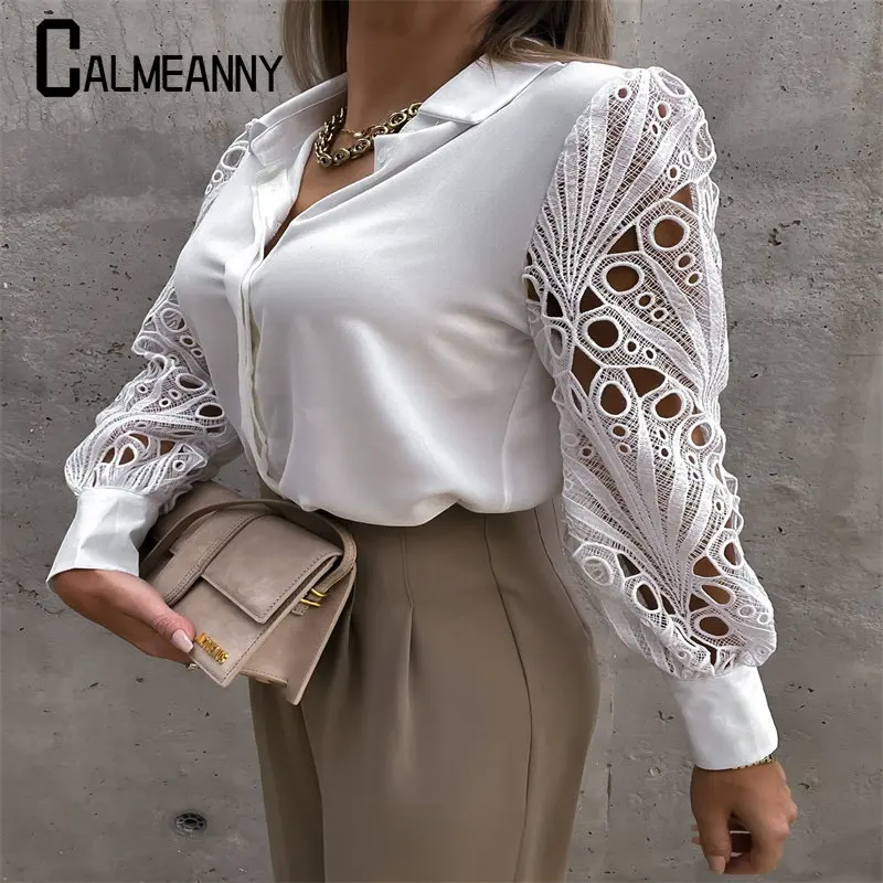 Top Trends: Summer Autumn Tops Blouses Solid Color Elegant Vintage Shirts Blouse Women Lace HollowOut Long Sleeve Lapel V Neck Shirts Ladies Shoppable Styles - Image 5