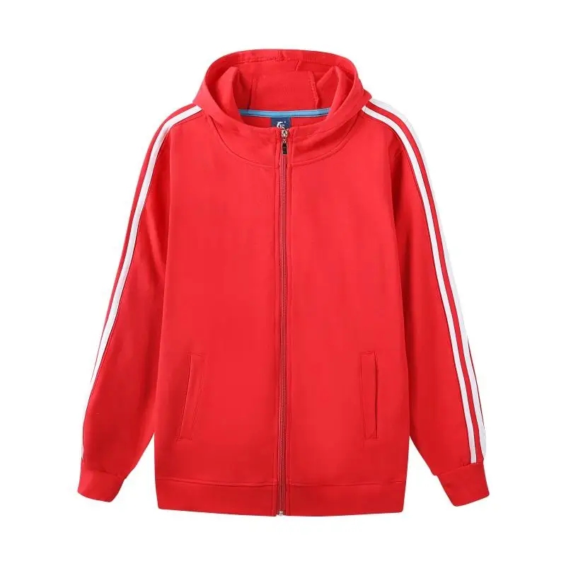 Top Trends: Red Black Grey Color Zip Up Hoodies 95% Cotton 5% Spandex Knitted Jacket With Hood Three White Straps Lines On Sleeves Uniforms Shoppable Styles