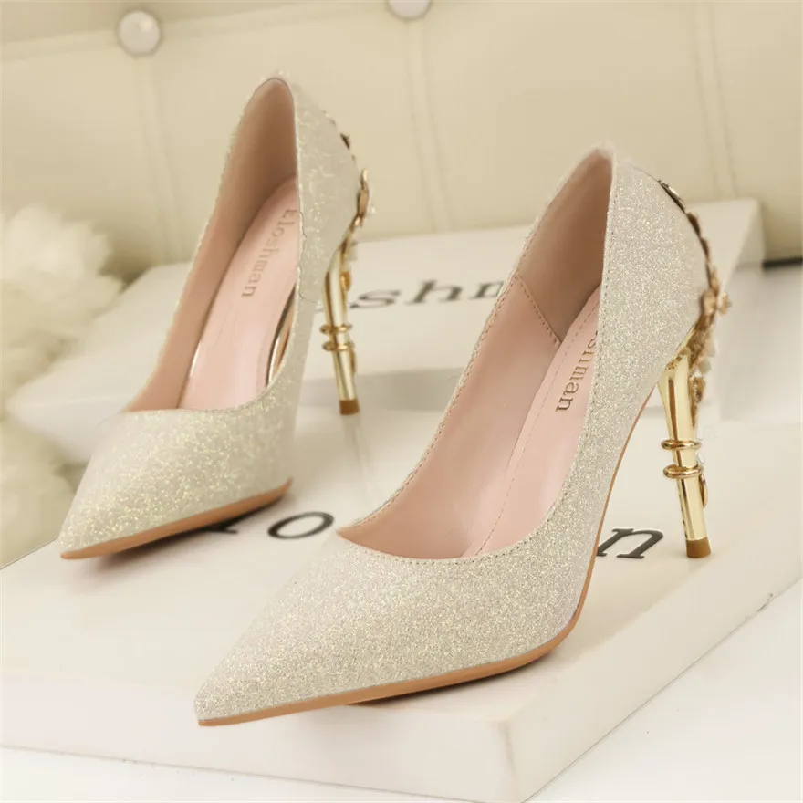 Top Trends: Light Luxury Sexy Women Dress Shoes 2024 Autumn Metal Flower Fashion High Heel Wedding White Pointed Sequins Shiny Female Pumps Shoppable Styles