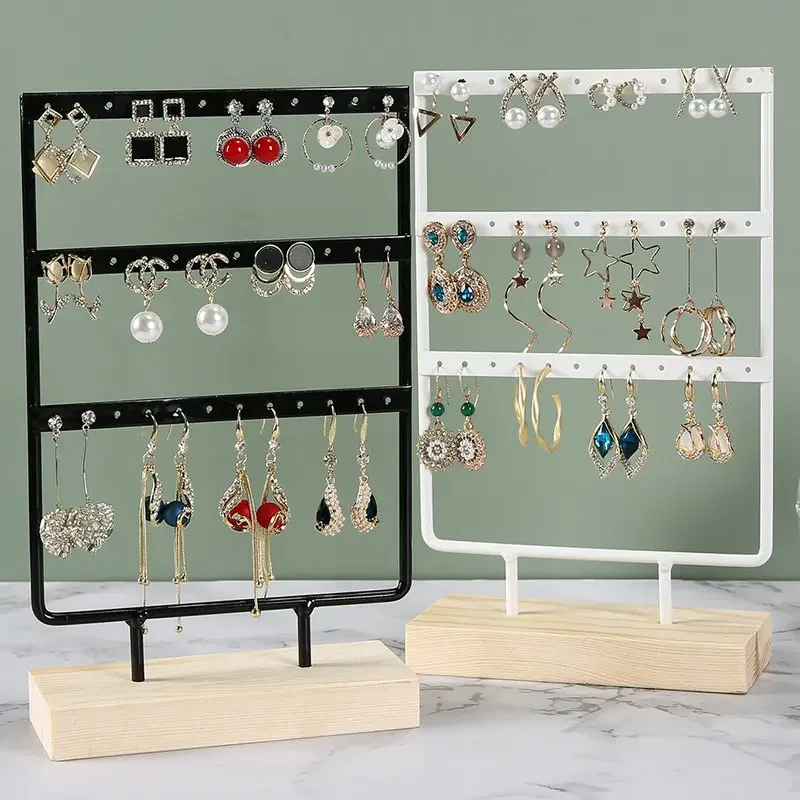 Top Trends: 24 / 44 / 66 Holes Stand Jewelry Display Organizer Earrings Pendants Bracelets Jewelry Holder With Wooden Base Earrings Storage Rack Shoppable Styles