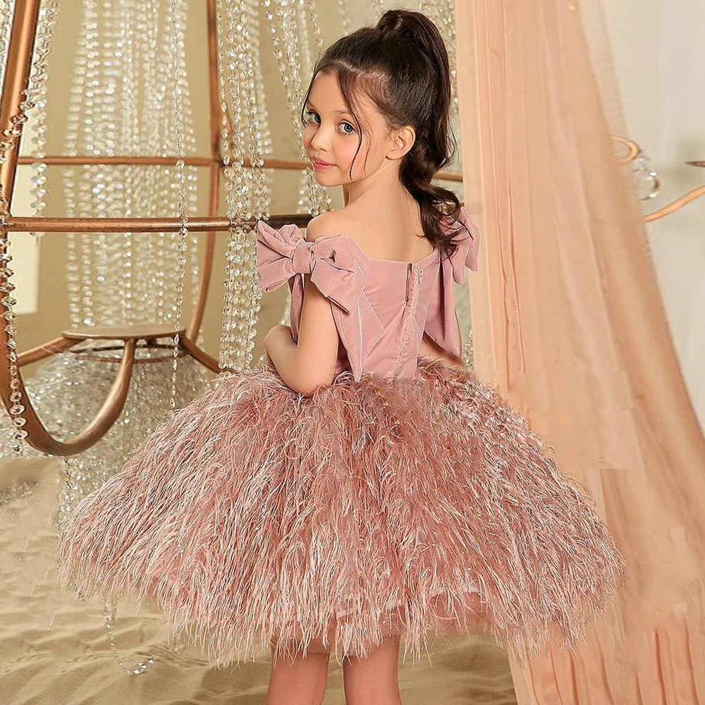 Top Trends: Cute Baby Girl First Communion Dresses Dusty Pink Off The Shoulder Big Bow Top Velvet Feathers Ball Gown Flower Dress Shoppable Styles - Image 5