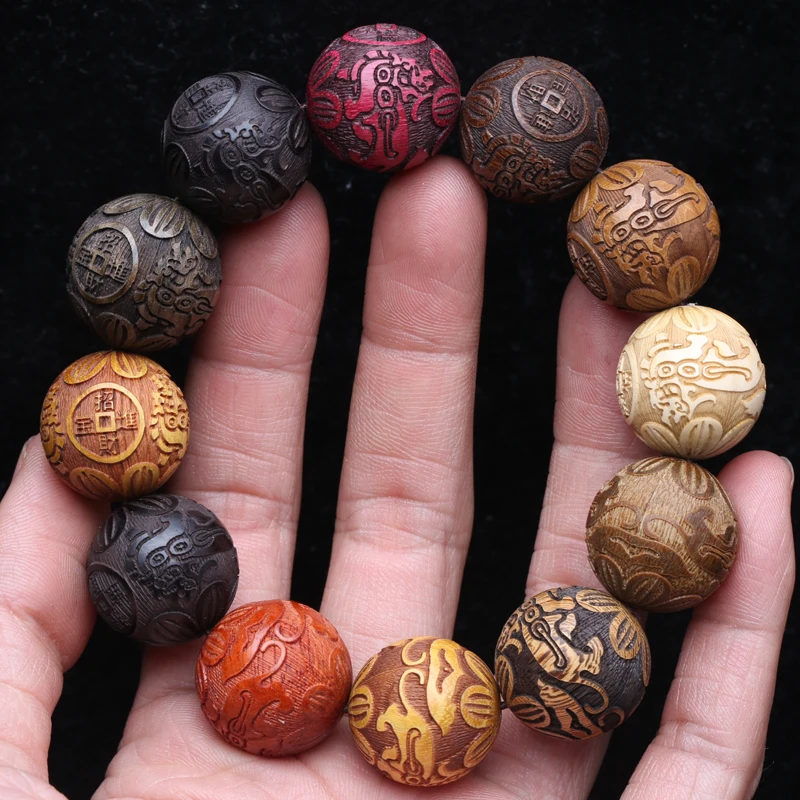 Top Trends: Natural Multicolor Wooden Bracelet Men's 20mm Elastic Bracelet Wooden Bead Lucky Sculpture Mythical Animal Shoppable Styles