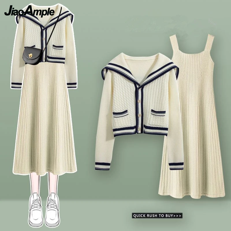 Top Trends: Autumn Winter Women's Knit Jacket Tank Dress Two Piece Set Korean Preppy Style Sailor Collar Sweater Coat Dresses Outfits 2022 Shoppable Styles