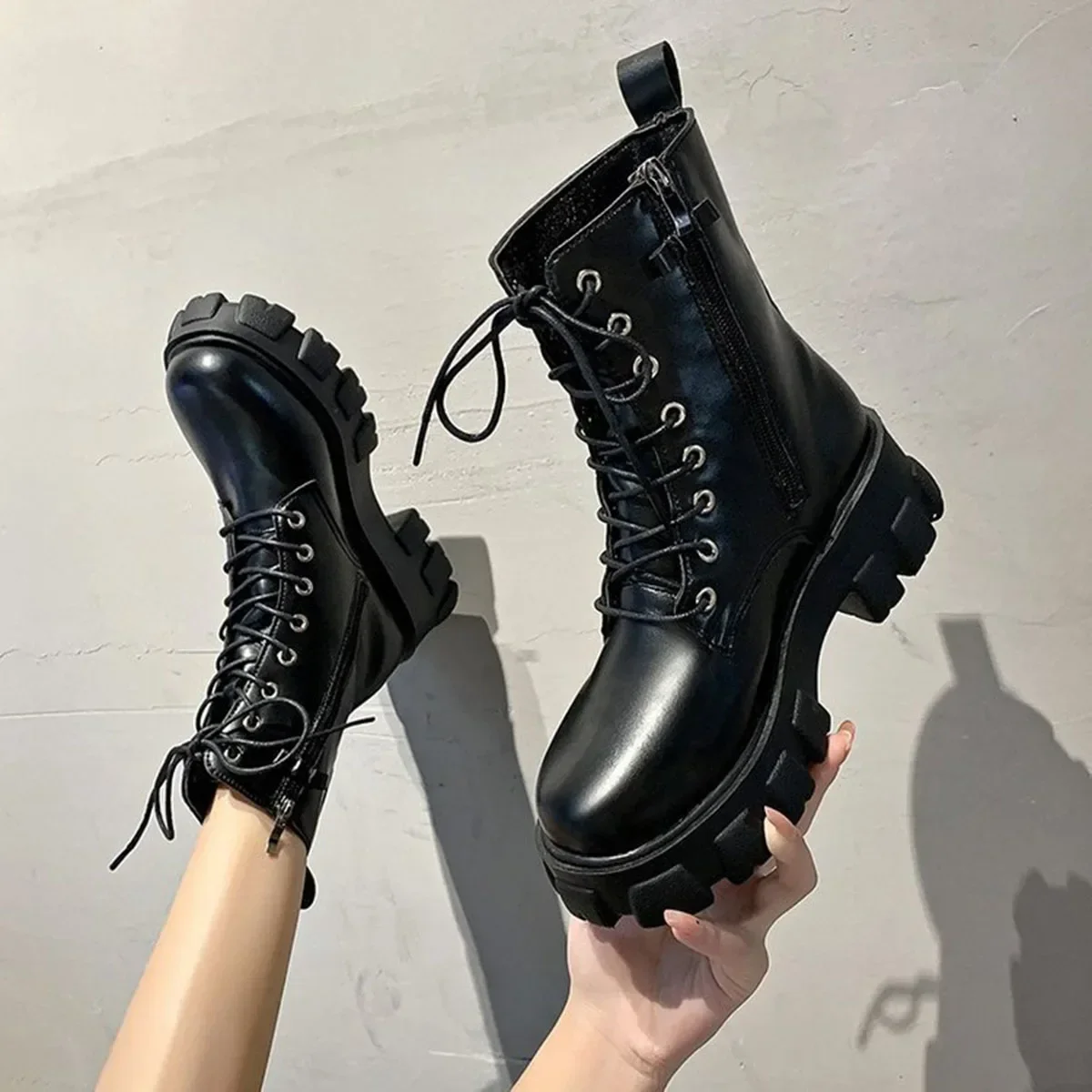 Top Trends: Women's Ankle Boots Autumn 2024 Fashion PU Leather Pearl Chain Platform Black Booties Punk British Style Casual Shoes For Ladies Shoppable Styles - Image 4