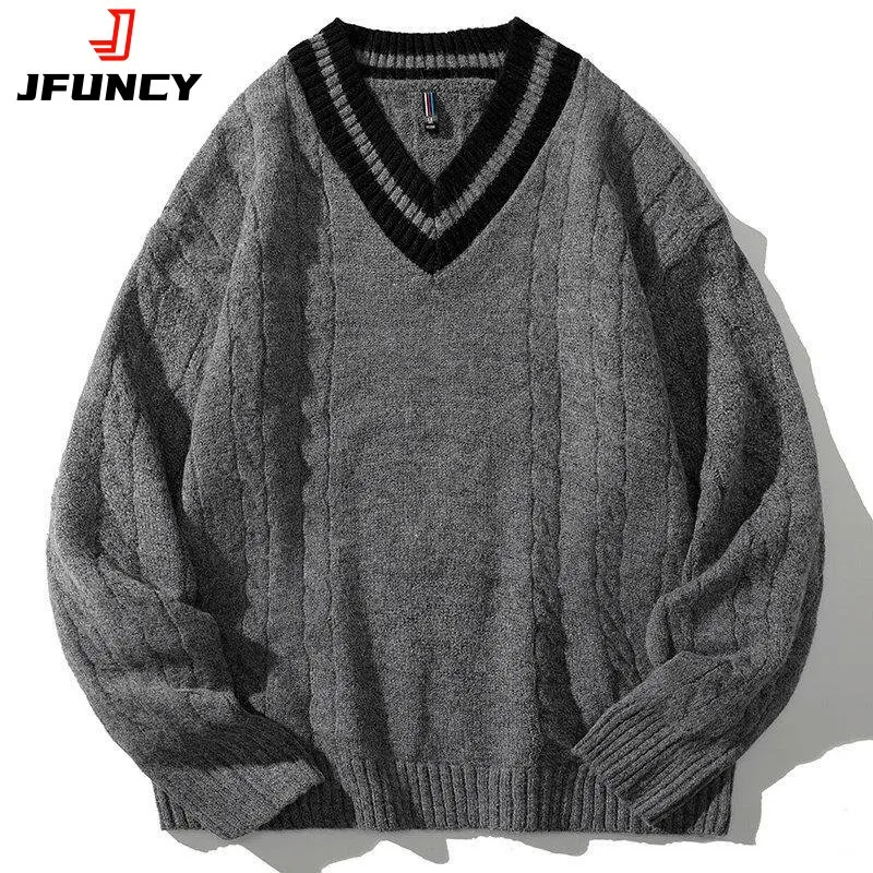 Top Trends: JFUNCY Mens Winter Knitted Sweaters Oversized Male Black Pullover V Neck Jumpers Men&#039;s Vintage Striped Knitwear Men Clothing Shoppable Styles