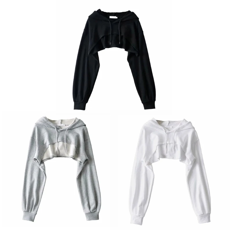 Top Trends: Womens Long Sleeve Loose Super Crop Top Harajuku Hip-Hop Dance Solid Color Basic Sexy Cutout Cropped Hoodie Sweatshirt DropShip Shoppable Styles