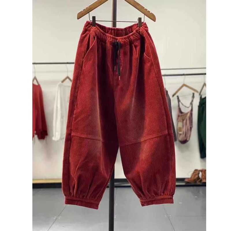 Top Trends: Vintage Corduroy Lantern Pants Autumn New Elastic Waist Loose All-match Plus Size Wide Leg Pants Casual Fashion Women Clothing Shoppable Styles