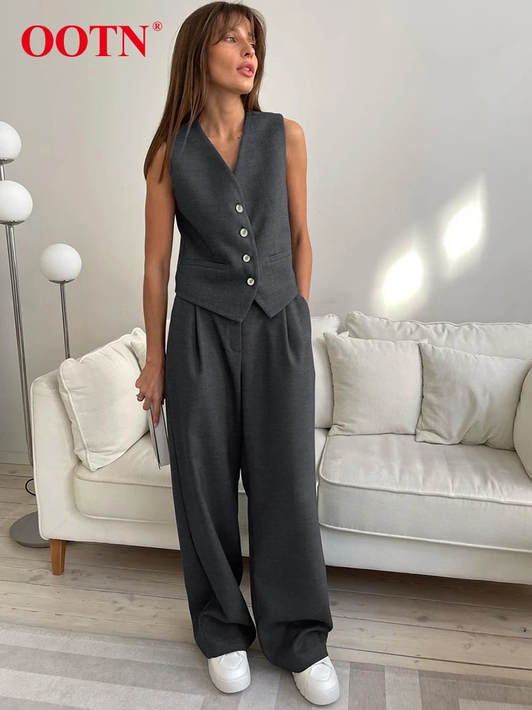 Top Trends: OOTN Elegant Gray V Neck Tank Tops Suits Summer Pleated Long Pants Sleeveless Button Up Tops Two Piece Sets Khaki Office Outfits Shoppable Styles