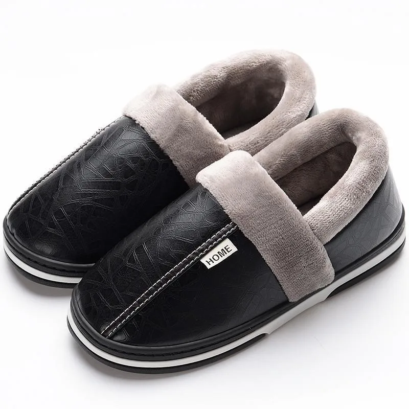 Top Trends: Big Size 50-51 Black Men Slippers Winter PU Leather Warm Indoor Waterproof Home Slipper Fur Couple Flat Slides Bedroom Shoes Shoppable Styles